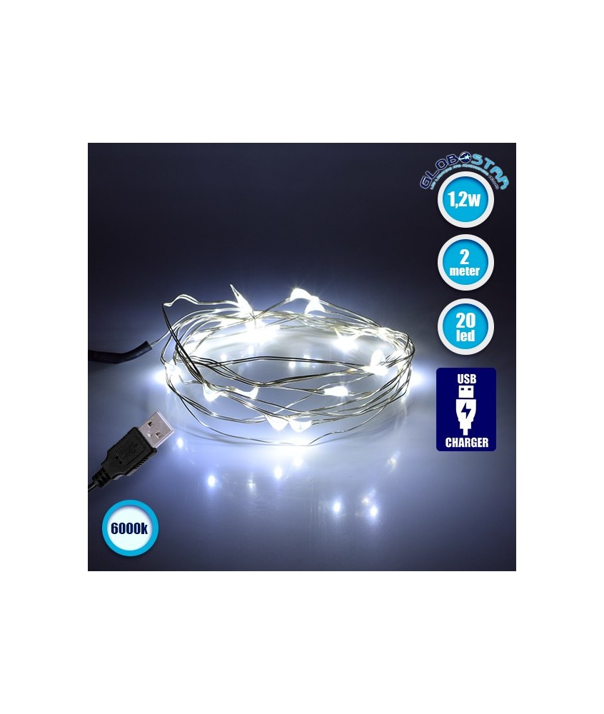 GLOBOSTAR® STRINGLIGHT 79730 Γιρλάντα 2m 20 LED 1.2W 96lm 360° DC 5V με USB 2.0 IP20 Ψυχρό Λευκό 6000Κ Dimmable - Ασημί - Μ200 x Π0.6 x Υ0.6cm - 1 Χρόνο Εγγύηση